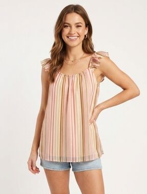 Sadie & Sage Pink, Cream & Tan Striped Ruffle-Shoulder Blouse